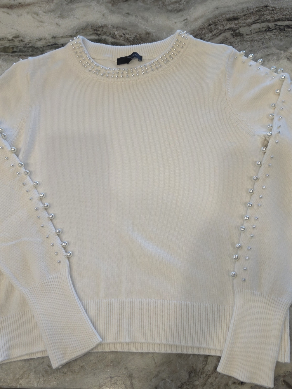 Ann Taylor Ivory Pearl-Trim Crewneck Sweater